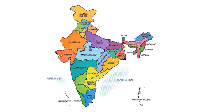 Colorful Map of India Showing States and Union Territories with Labels