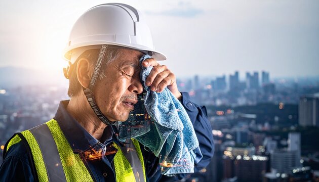 現場の作業員が汗を拭いている