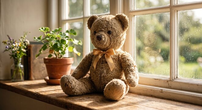 A beloved old teddy bear sits thoughtfully on a sunlit wooden windowsill gazing out at the blurred garden Childhood Cancer Awareness Month