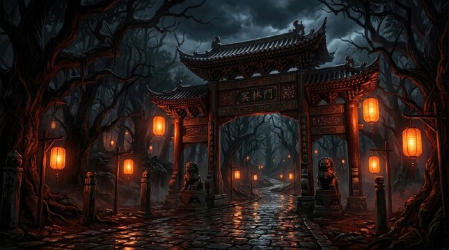 Spooky halloween night traditional asian gate with lanterns and dark forest path