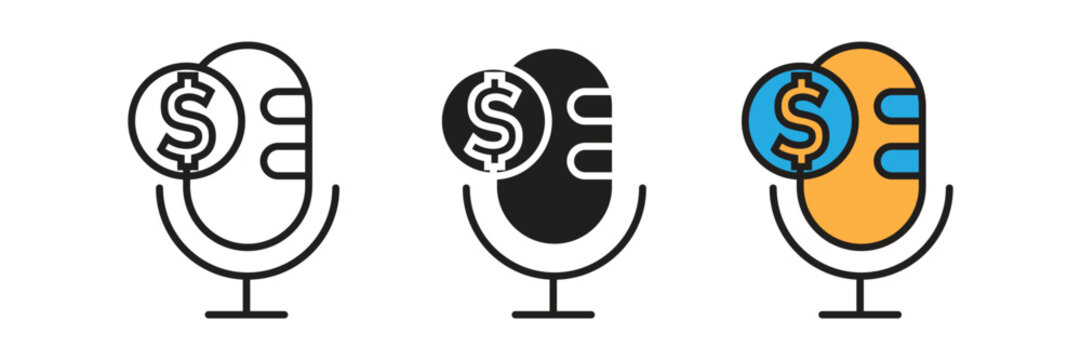 Monetized podcast microphone vector icon set. Vector icon set featuring an audio recording microphone combined with a US dollar coin for paid monetization streaming.