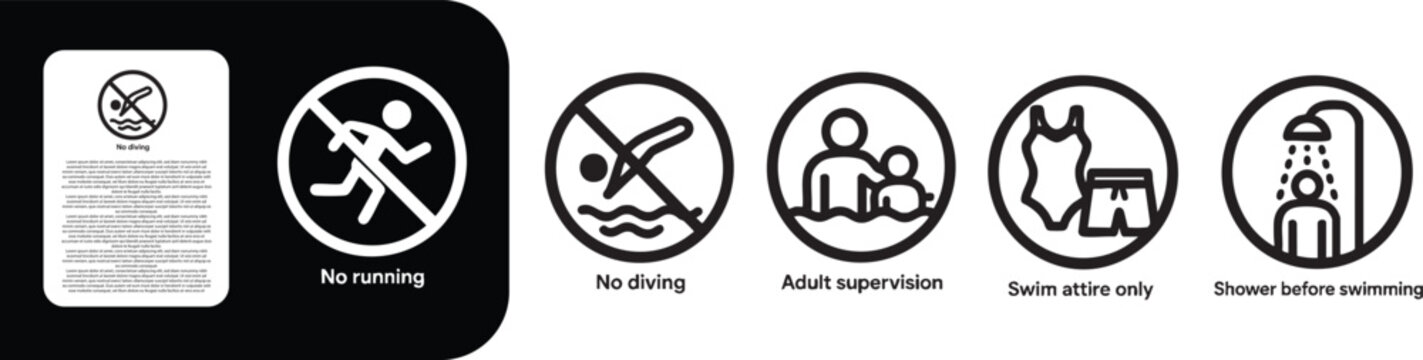 Swimming Pool Rules Icons Set, No running, No diving, Adult supervision, Swim attire only, Shower before swimming
