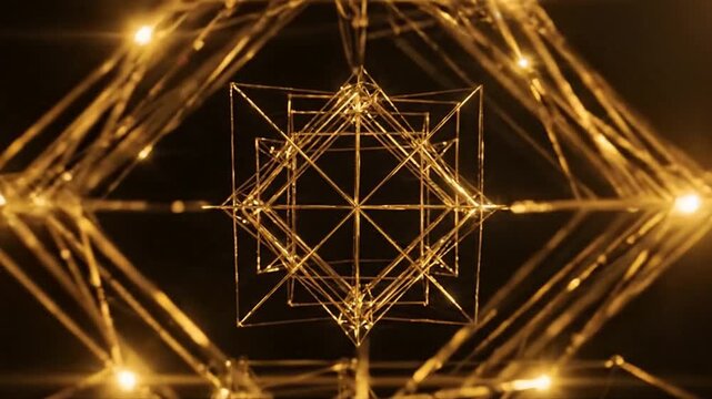 Rotating golden geometric structure abstract animation a complex spinning
