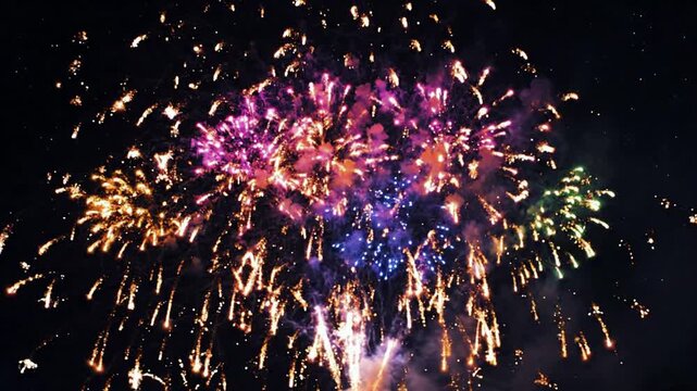 Vibrant multi-colored fireworks display exploding in night sky for celebration and festive events pyrotechnics