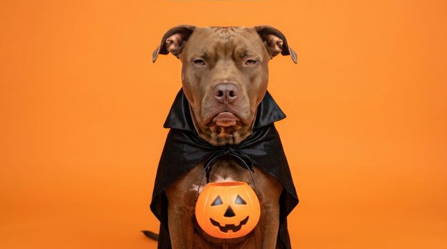 Halloween pitbull portrait brown dog in vampire cape with jack o' lantern bucket for trick or treat