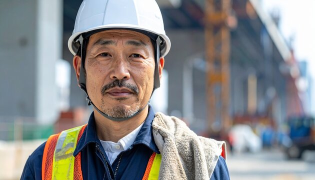 暑くてタオルで汗を拭く作業員