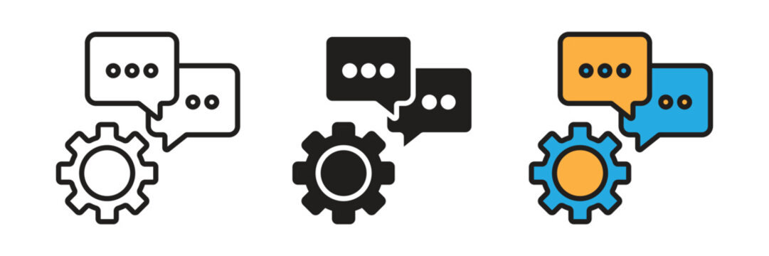 Conversation Gear and Chat Configuration Vector Icon. Speech bubbles combined with an engine gear icon, representing communication management, automated tech support, and chat system configuration.