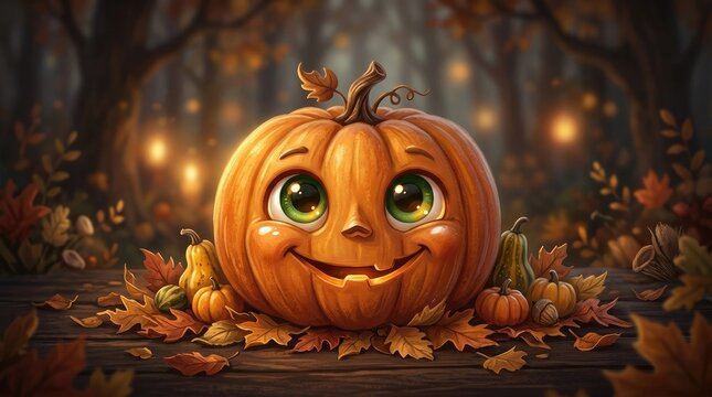 Charming halloween pumpkin with smiling face and autumn foliage festive fall decoration