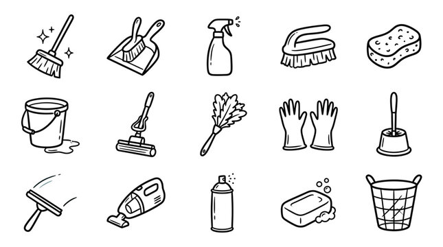 Cleaning supplies and tools collection.