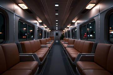 Fototapeta premium Empty train interior with leather seats at night