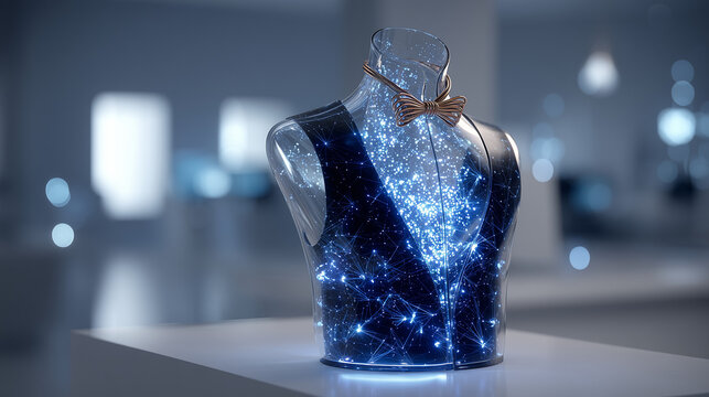Futuristic glass mannequin torso glowing with neon star network lines on display podium