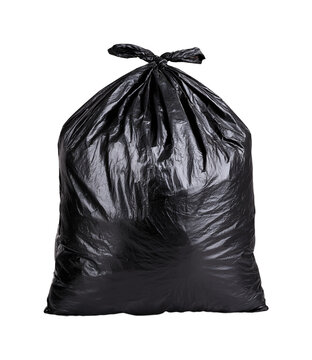 Black plastic garbage bag full of trash tied at the top isolated on transparent background