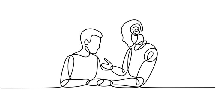  robot  talking human continuous one line drawing in white background

