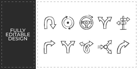 Navigation signs and road directions hand drawn doodle icons for global travel tourism urban city planning and geography exploration design graphics © Ashik  Khan