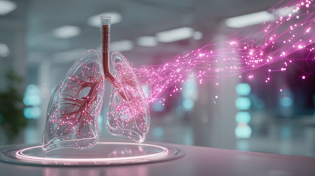 Anatomical glass lung model emitting pink energy data waves for respiratory medicine