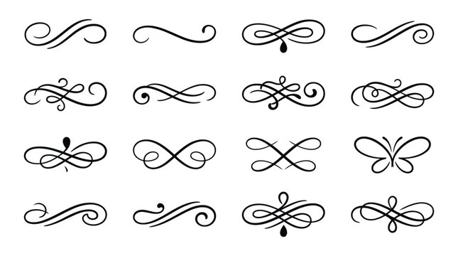 Set of elegant black vintage calligraphic dividers and ornate swirls designed for professional wedding invitations and classic artistic stationery projects