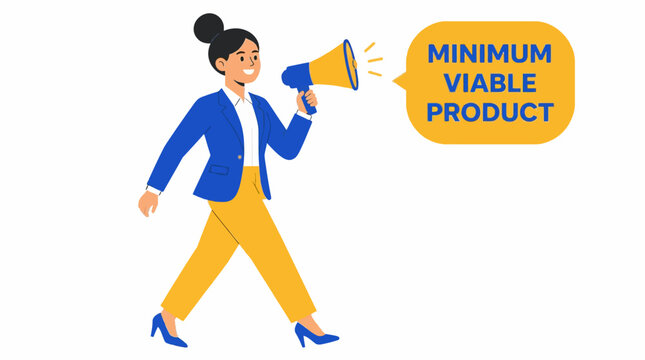 Businesswoman announcing minimum viable product concept.