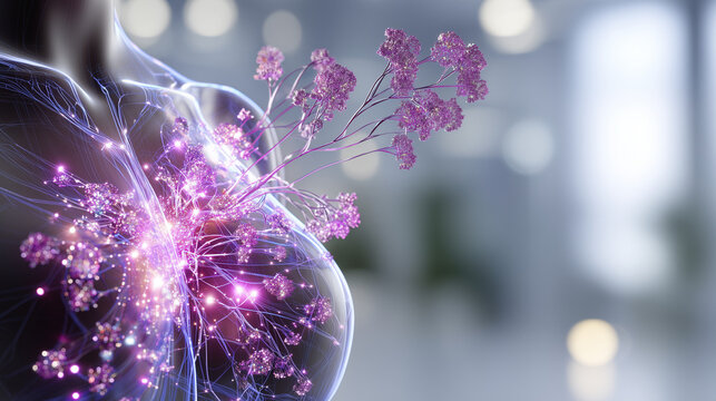 Anatomical female chest model with glowing pink flowers for breast cancer awareness concept