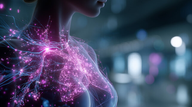 Transparent female torso displaying glowing pink lung model for smart respiratory medicine