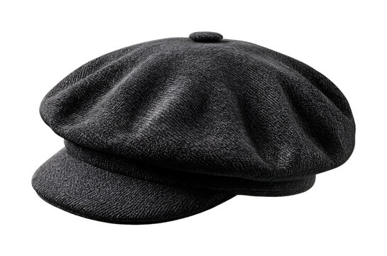 Classic black newsboy cap made of textured fabric isolated on transparent background