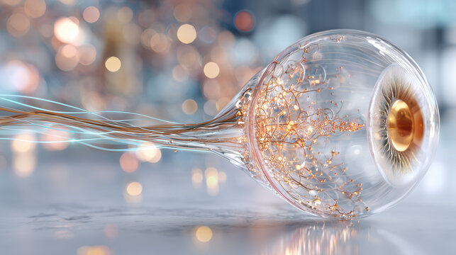 Glass human eye model with glowing golden optic nerve fibers for vision technology