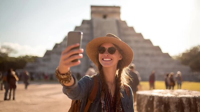Maya Aztec civilization, Mexico culture. Mysterious, fantasy. A vibrant, sunlit photograph captures a woman taking a selfie in front of a majestic pyramid. She wears a widebrimmed straw hat.