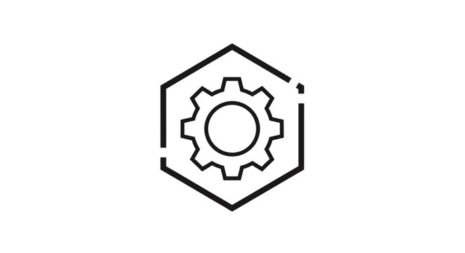 Industrial gear icon within a geometric hexagon frame
