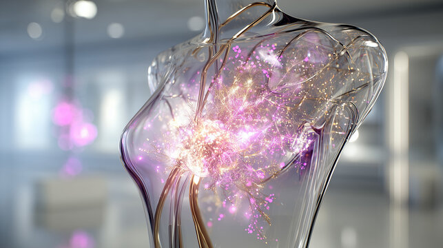 Luminous crystal heart model exploding with neon sparks inside high tech surgical facility