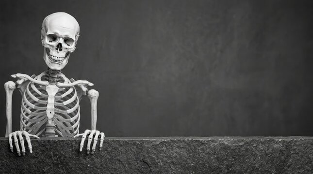 Halloween skeleton peeking over wall spooky stock photo for october 31st and seasonal marketing