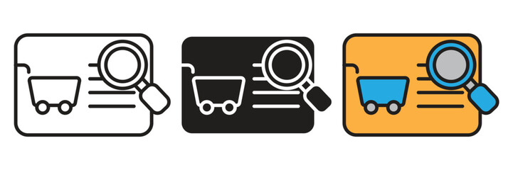 Online shopping cart search vector icon. Vector icon set of an online retail commerce shopping cart website card combined with a search magnifying glass. © sunaerih