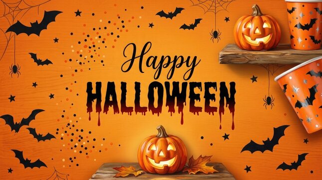 Happy halloween festive background with jack o' lanterns bats spiders and party supplies