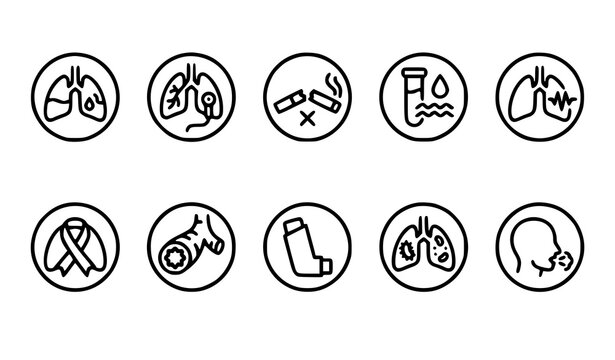 Medical Lung Disease Icon Collection Pneumonia Bronchoscopy Stop Smoking Inhaler Tuberculosis Respiratory Healthcare Vector Set