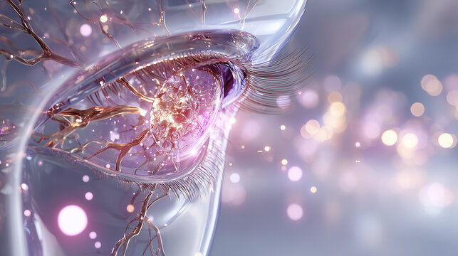 Luminous crystal eye anatomy with golden nervous system networks for advanced optometry research