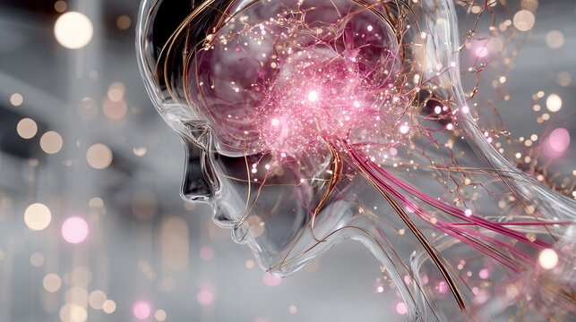Translucent human head profile with glowing pink synapses for neurology and brain science