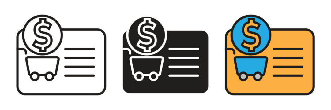 Monetized ecommerce shopping card vector icon. Vector icon set of a digital retail shopping cart checkout website card combined with a US dollar coin.