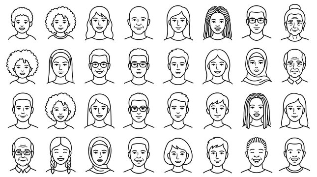 Diverse People Portraits Minimalist Line Art Icon Set for Web and Interface Design