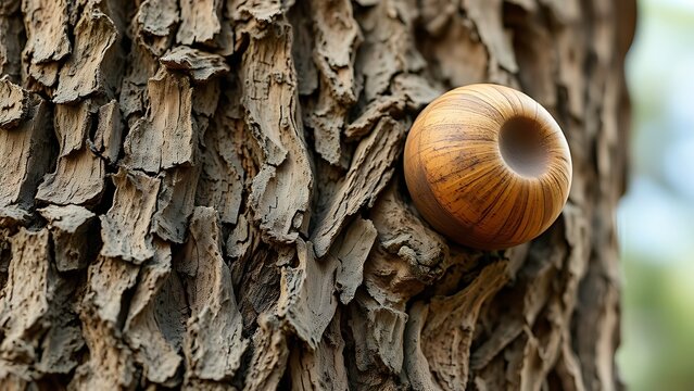 Close-up of rough tree bark with a single smooth round burl.