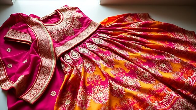 A Gujarati ghagra choli dress with vibrant colors and intricate mirror work embroidery.