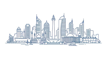 Fototapeta premium Modern City Skyline Line Art: Jakarta Indonesia Landmark Buildings