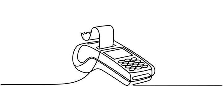 Receipt emerging from a pos machine with keypad and screen payment terminal 
continuous one line drawing in white background

