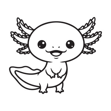 Cute axolotl cartoon line art vector with external gills and smiling face for coloring book and sticker design
