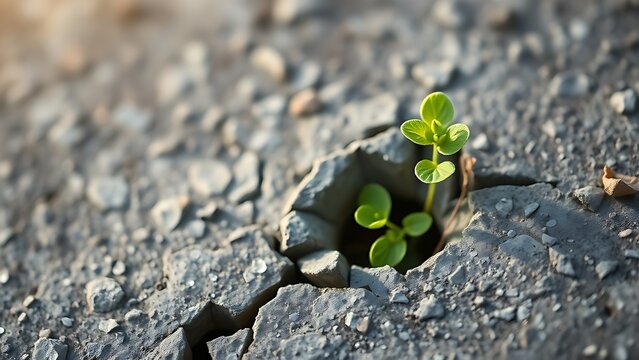 A single green clover growing from a crack in a gray stone.