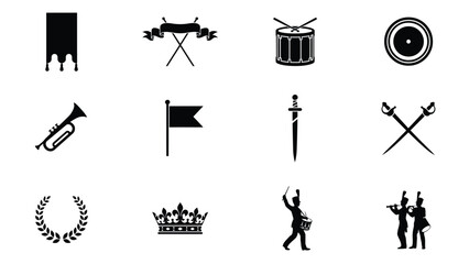 Elegant collection of vintage style musical instruments and ceremonial symbols for event branding © Jayshri