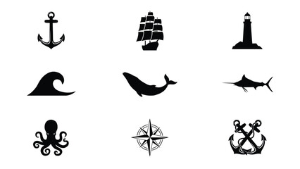 Bold nautical icons collection featuring vintage ship lighthouse waves and sea creatures for marine themed branding © Jayshri