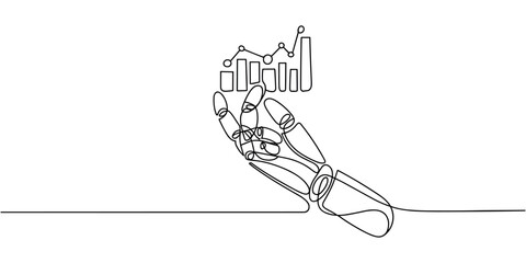 Obraz premium Robotic hand holding bar graph and line graph mechanical hand continuous one line drawing in white background