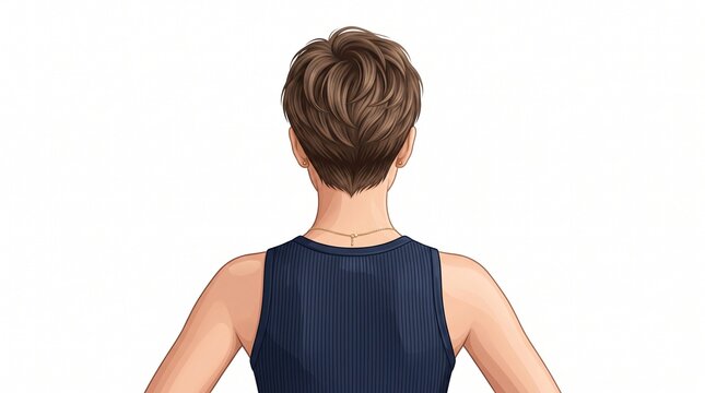 Rear view illustration of a woman with short pixie hair wearing a blue tank top on white background