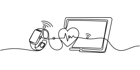 Fototapeta premium Smartwatch smartphone and heart rate monitor connected wirelessly wireless connection healthcare devices continuous one line drawing in white background