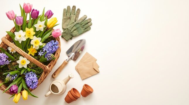 Arrangement of spring flowers gardening tools  indoor-gardening, landscaping and terracotta pots on a white surface bloom blossom botanical