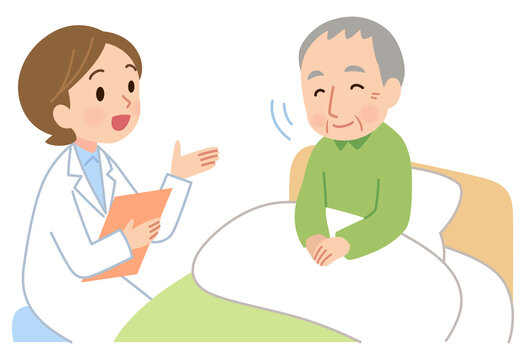 ベッドに座る高齢男性に話をする医者　訪問看護