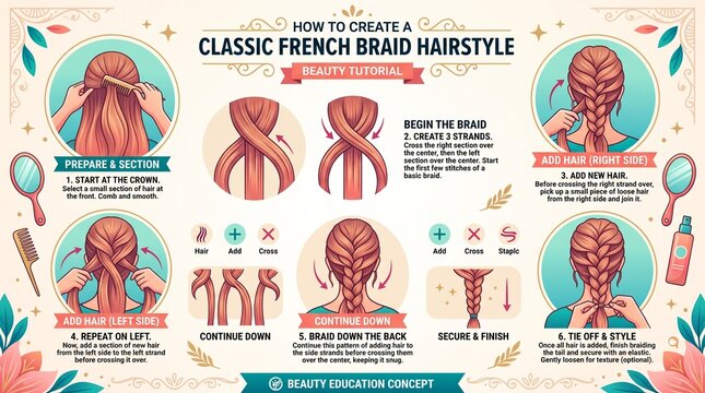 Classic French Braid Hairstyle Step by Step Beauty Tutorial Infographic